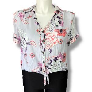 Candies Womens Crop Top Collared Button Down Tie Front Short Sleeve Floral Large
